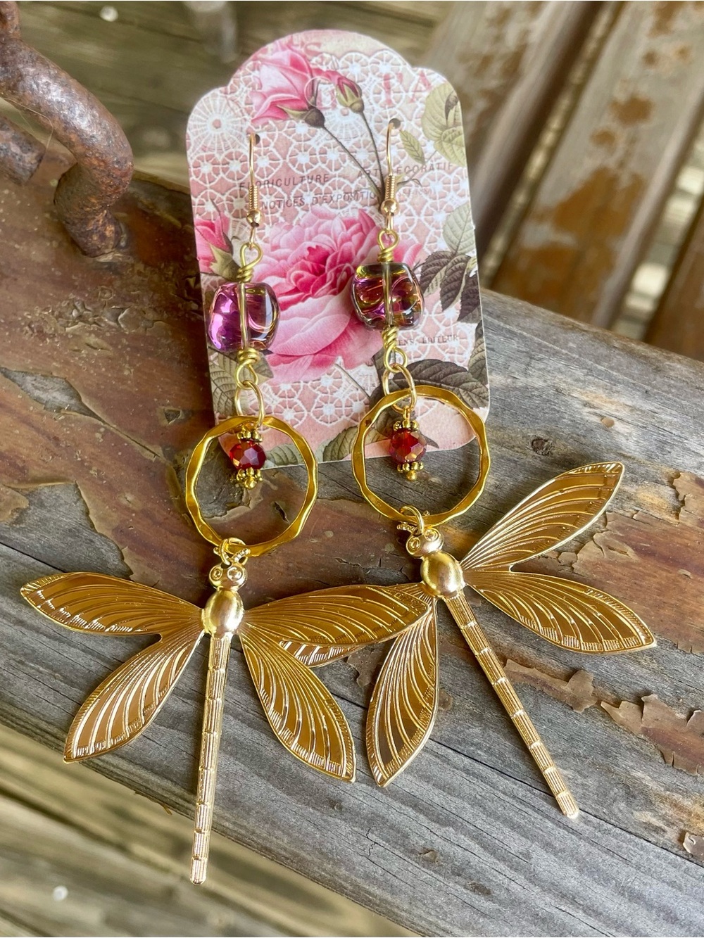 Hand Crafted Gold Dragonfly Earrings with Burgandy AB Beads
